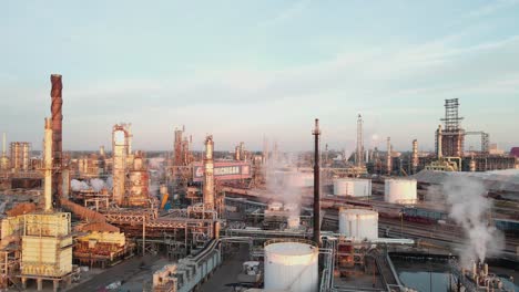 Refinería-De-Petróleo-De-Maratón-Con-Chimeneas-Humeantes-Durante-La-Hora-Dorada,-Vista-Aérea-De-Drones