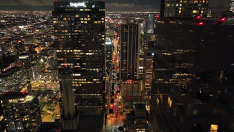 March-2023---4K-night-aerial-of-Downtown-Los-Angeles,-California,-USA