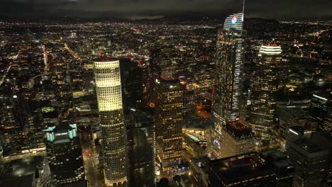 March-2023---4K-night-aerial-of-Downtown-Los-Angeles,-California,-USA