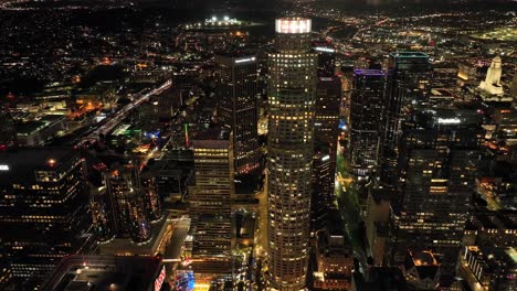 March-2023---4K-night-aerial-of-Downtown-Los-Angeles,-California,-USA