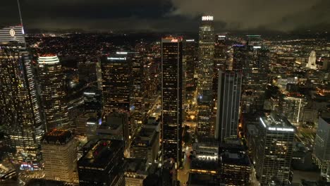 March-2023---4K-night-aerial-of-Downtown-Los-Angeles,-California,-USA