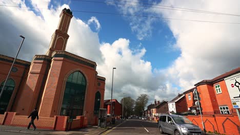 Aerial-view-of-Gilani-Noor-Mosque-in-Longton,-Stoke-on-Trent,-Staffordshire,-the-new-Mosque-being-built-for-the-growing-muslim-community