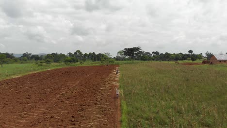 Forward-moving-aerial-shot-of-Africans-collecting-wood-and-digging-in-their-agricultural-gardens-in-rural-Africa