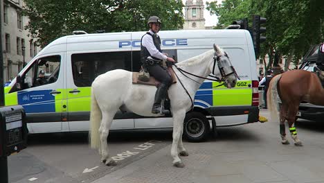 Reino-Unido-Policía-A-Caballo-Con-Furgoneta-Policial-En-El-Fondo-Durante-La-Protesta