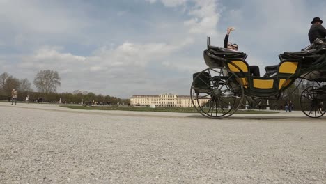 Pferdekutsche-Mit-Touristen,-Die-Im-Schlosspark-Schönbrunn,-Wien,-Vorbeifahren