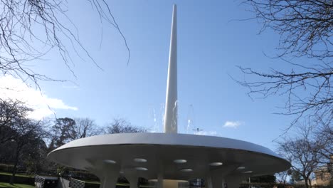 Water-fountain-at-ABC-roundabout-in-Hobart,-Tasmania,-during-sunny-winter-day