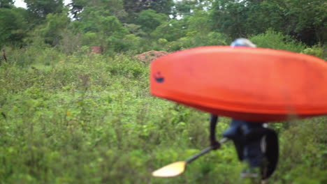 Man-going-paddling-is-carrying-a-boat-on-his-shoulder-while-walking-through-a-field-with-a-cow-in-background,-Uganda-Africa