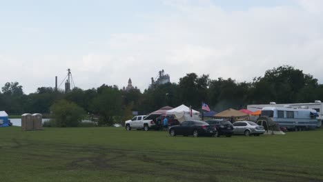 Wide-shot-of-BBQ-teams-tents-and-RVs-in-Lockhart,-Tx-at-a-BBQ-Competition