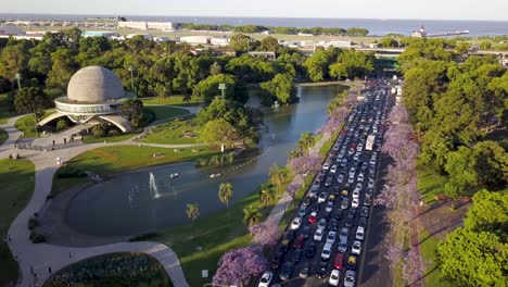 Aerial-shot-of-a-traffic-jam-near-Galileo-Galilei-Planetarium,-Buenos-Aires