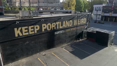 Historic-aerial-footage-of-the-Keep-Portland-Weird-sign-with-empty-streets-due-to-COVID-19