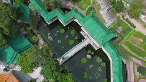 Hong-Kong-Wong-Tai-Sin-temple-gardens-and-rooftops,-Aerial-view-of-the-Great-immortal-Wong-shrine,-Downtown-Kowloon