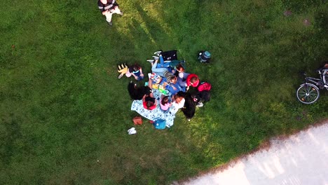 Vista-Aérea-Superior-De-Un-Grupo-De-Niños-Jugando-Con-Dos-Perros-Berneses-En-Un-Parque-De-La-Ciudad