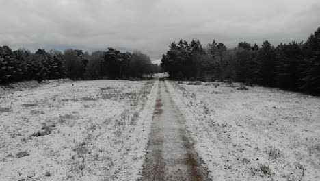 A-foot-path-in-the-Kings-Forest-covered-in-snow-on-the-outskirts-of-Bury-St-Edmunds,-Suffolk,-UK