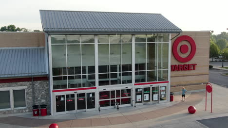 Target-Corporation,-retail-store-location,-wide-angle-aerial-of-front-entrance-to-famous-American-retailer-for-consumer-spending,-holiday-shopping