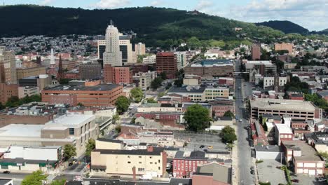 Aerial,-Reading-Pennsylvania-downtown-city-district,-Berks-County,-outside-Philadelphia,-establishing-shot-during-summer