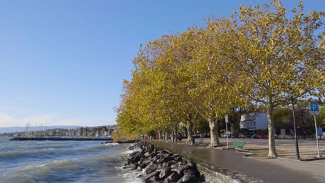 People-walking-on-pathway-embankment-along-the-shore-of-Lake-Léman,-Lutry---Switzerland-Lutry-harbor-in-the-background