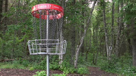 Disc-golf-basket-in-forest