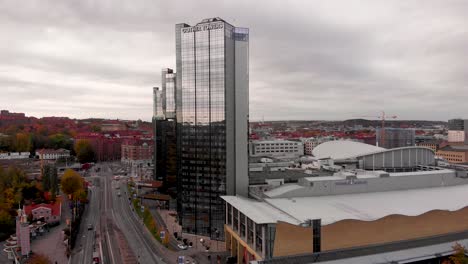 Drone-aerial-view-of-Gothia-towers-in-downtown-in-Gothenburg,-Sweden