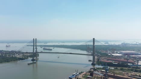 Drone-shot-of-Phu-My-Bridge-or-Cau-Phu-on-a-sunny-day-with-Blue-Sky