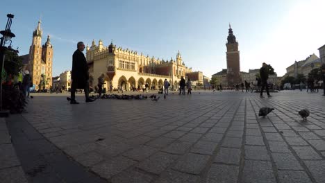 Ein-Zeitraffer-Von-Menschen,-Die-Auf-Einem-Platz-In-Der-Altstadt-Spazieren-Gehen-Und-Die-Tauben-Füttern