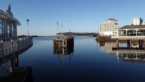 Tranquil-view-of-Cardiff-Bay-from-Mermaid-Quay-showing-Penarth-in-the-Distance