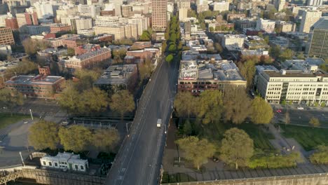 Historic-aerial-of-Portland,-Oregon's-iconic-Old-Town-sign-with-empty-streets-due-to-COVID-19