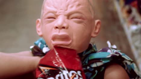 Woman-wearing-a-creepy-"Crying-Baby"-mask-while-sitting-on-grocery-store-floor-attempting-to-eat-Doritos