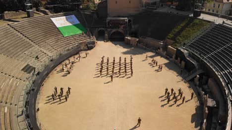 Aerial-drone-shot-flying-down-and-above-musicians-of-the-Conscript-Band-of-the-Finnish-Defence-Forces-in-Avenches-Switzerland