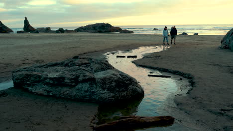 Pareja-Caminando-En-La-Playa-En-Bandon-Oregon-Con-Sus-Dos-Perros-Y-Padre-Cargando-A-Un-Niño-Pequeño,-A-última-Hora-De-La-Tarde