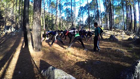 Himalayan-Mountaineers-at-Himalayas-Forest,-Upper-Himalayas,-Uttarakhand,-India-for-their-morning-exercise