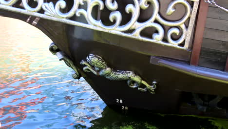 Iron-detail-on-the-wooden-pirate-ship-bow,-decoration-on-the-front-of-the-pirate-boat,-Gdansk-Poland