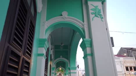 Landscape-view-under-corridor-while-walking-through-the-ancient-old-town-Shino-portuguese-achitecture-building-in-Phuket,Thailand