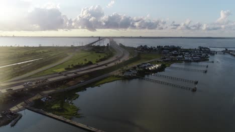 Aerial-drone-video-of-Highway-I45-into-Galveston