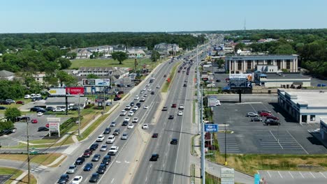 AERIAL-Over-Lewes-Busy-Highway,-Delaware-USA