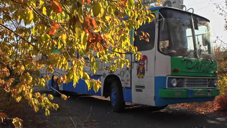 Der-Umgebaute-Bus-Verwandelte-Sich-In-Ein-Straßencafé,-Das-Stationär-Auf-Einer-Seitenstraße-Geparkt-War-Und-Durch-Herbstblätter-Am-Baum-Betrachtet-Wurde