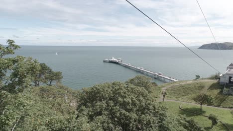 Bunte-Seilbahn,-Gondel,-Tourismus,-Besichtigung,-Transport,-Mit-Blick-Auf-Den-Malerischen-Pier-An-Der-Küste-Von-Llandudno