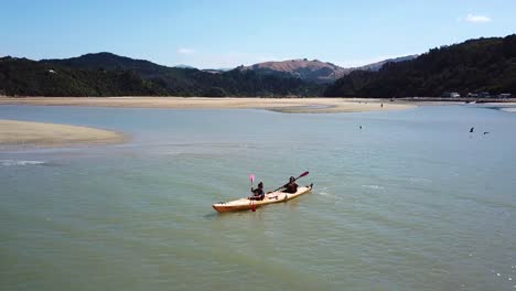 Vista-Aérea-De-Dos-Personas-Remando-En-Kayak-En-Las-Majestuosas-Aguas-De-La-Bahía-De-Arena,-Parque-Nacional-Abel-Tasman,-Nueva-Zelanda