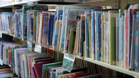 Libros-De-Biblioteca-Apilados-En-Estantes-En-Una-Escuela-Primaria,-Inclinados-Hacia-Abajo