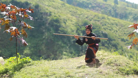 Una-Mujer-Joven-Practicando-Artes-Marciales-En-Una-Colina-Con-Un-Fondo-De-Caballo