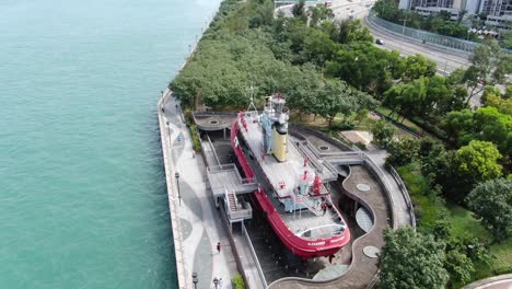 Hong-Kong-waterfront-decommissioned-Fireboat-museum-and-exhibition-gallery-named-after-Alexander-Grantham,-Aerial-view