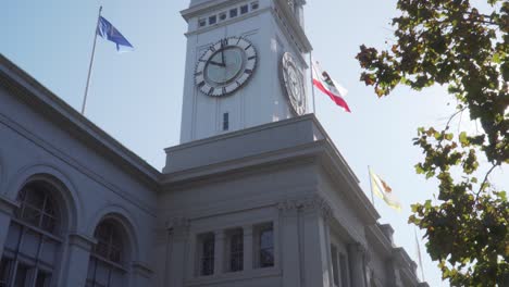 Upwards-Tilt-Shot-of-the-Famous-Ferry-Building-on-a-Sunny-Day-in-San-Francisco