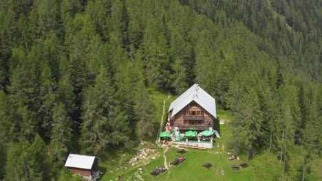 Aerial-shot-of-isolated-wooden-masion-in-the-middle-of-pine-forest-on-the-mountain