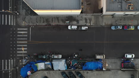 Drone-shot-showing-massive-homeless-encampment-in-Downtown-Los-Angeles's-Skid-Row