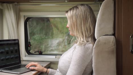 Schönes-Blondes-Mädchen-Sitzt-Im-Wohnmobil-Am-Tisch-Und-Arbeitet-Am-Laptop-Mit-Bäumen-Und-Natur-Im-Hintergrund