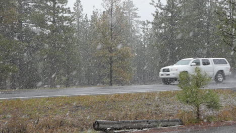 SLOW-MOTION,-White-pickup-truck-with-back-cover-hard-top-driving-through-snow