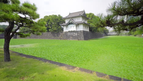 Inclinación-Hacia-Arriba-Del-Foso-Y-La-Torre-De-Vigilancia-En-El-Palacio-Imperial-De-Tokio,-Japón