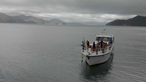 People-fishing-off-anchored-cruise-boat-in-bay-in-Marlborough-Sounds,-New-Zealand