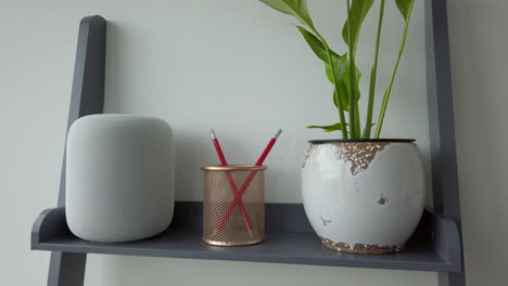 Statische-Zeitlupenaufnahme-Eines-Einzelnen-Mannes,-Der-Auf-Einen-Apfel-Homepod-Auf-Einem-Modern-Aussehenden-Bücherregal-Neben-Einer-Stifthalterpflanze-Tippt