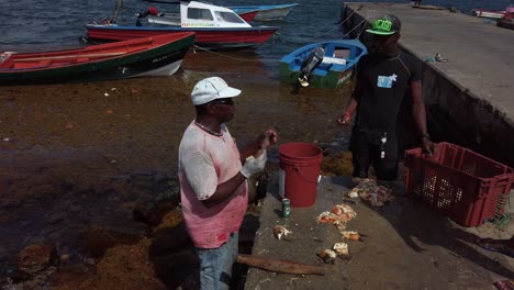 Un-Pescador-Limpiando-Caracoles-Mientras-Un-Turista-Observa