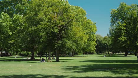 Parque-De-La-Ciudad-Del-Lago-Városligeti,-Gente-Que-Pasa-Por-El-Parque,-Descansando,-Tomando-El-Sol,-Picnic-Tiro-Más-Amplio